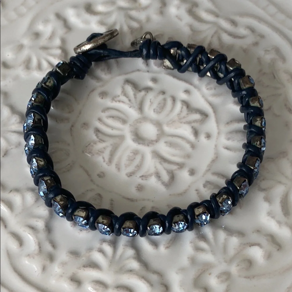 Fossil Sky Blue Crystals with Leather Wrapped Bracelet Button Closure